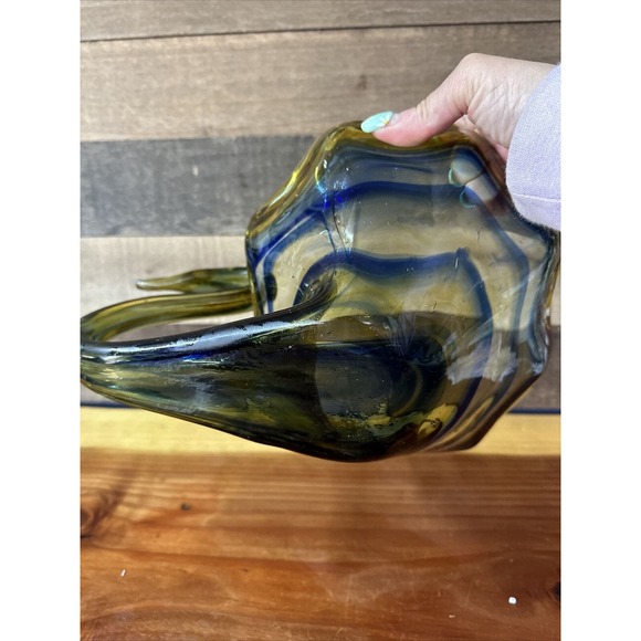 Vintage MCM Hand Blown Murano Style Sooner Swan Blue Yellow Art Glass Dish 11.5” - Picture 6 of 6